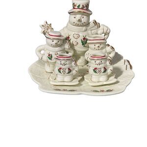 Formalities by Baum Brothers 10 pc Snowman Holly Berries Mini Tea Set Ivory Gold